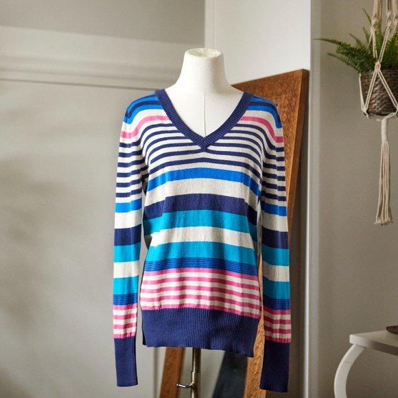 Striped V Neck Sweater | Blue, Cream, Pink - Picture 1 of 2